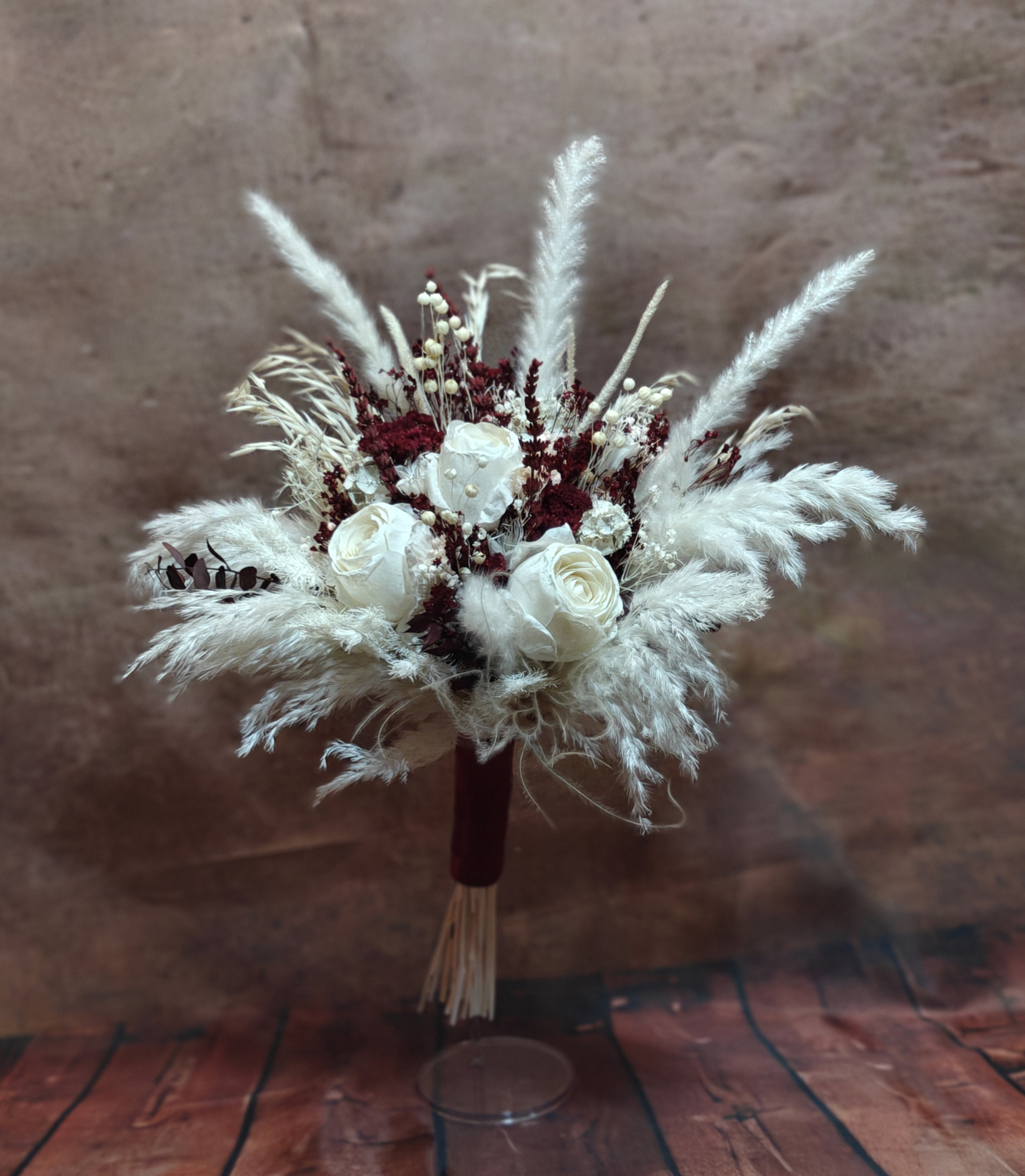 Großer Boho Trockenblumen Brautstrauß "Winter Burgundy"