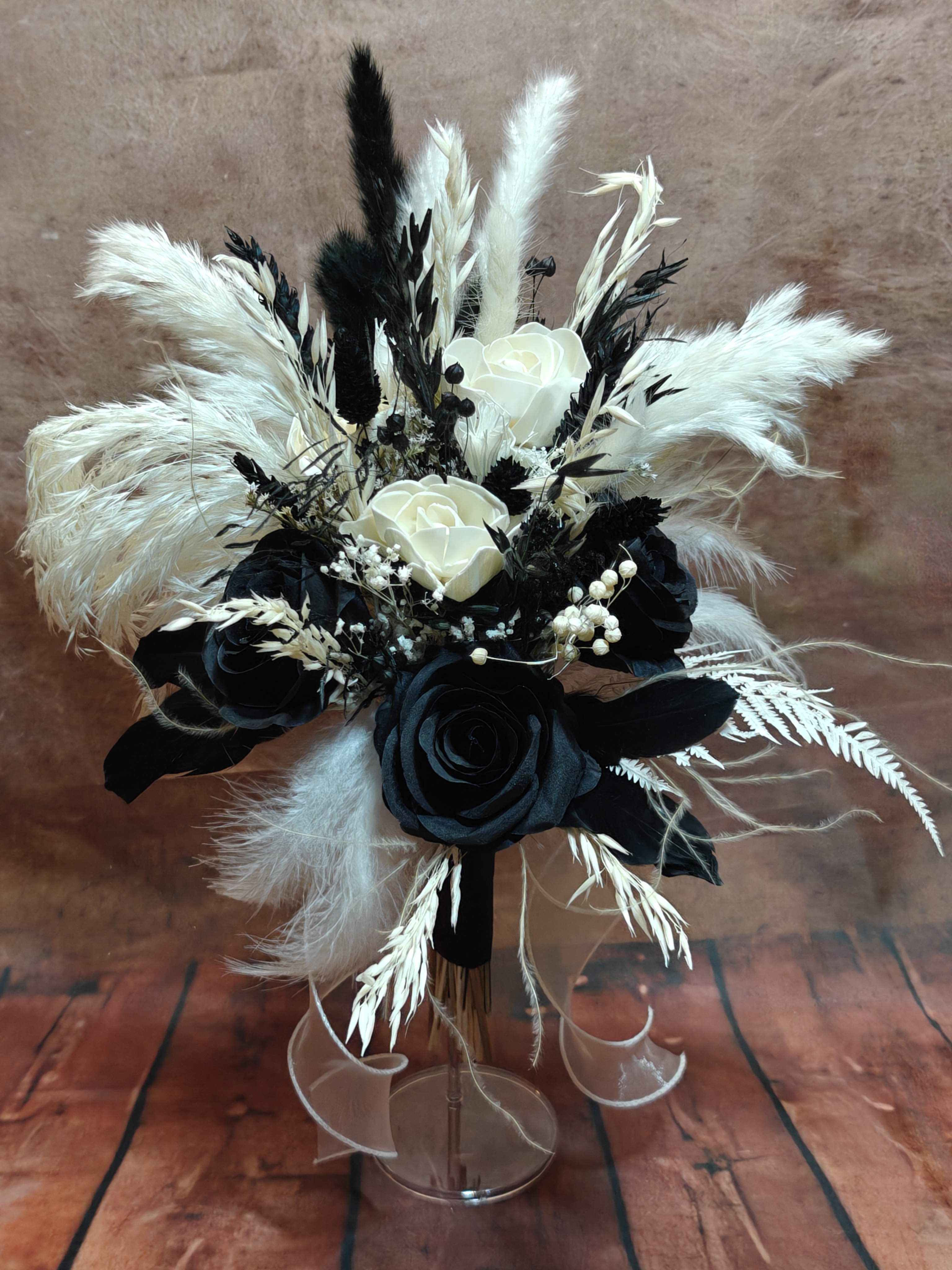 Großer Boho Trockenblumen Brautstrauß "Black Whisper"